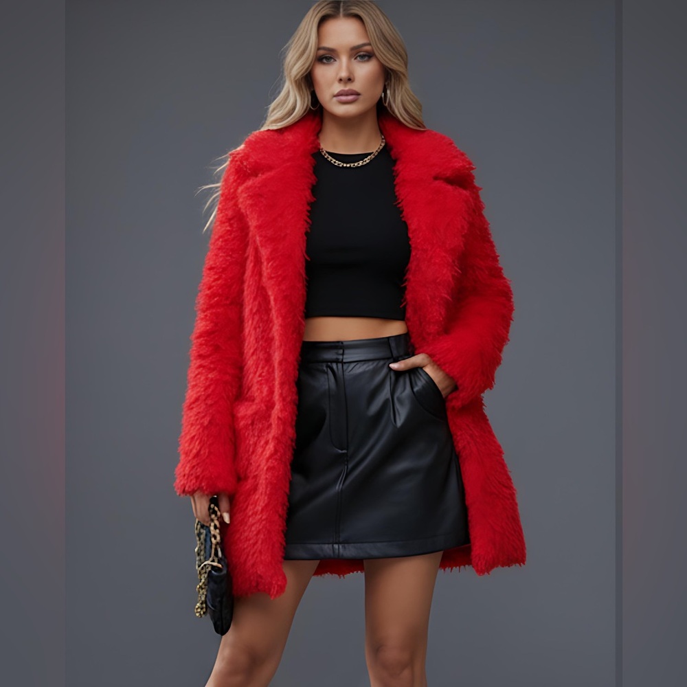 Red Fuzzy Coat With Pockets